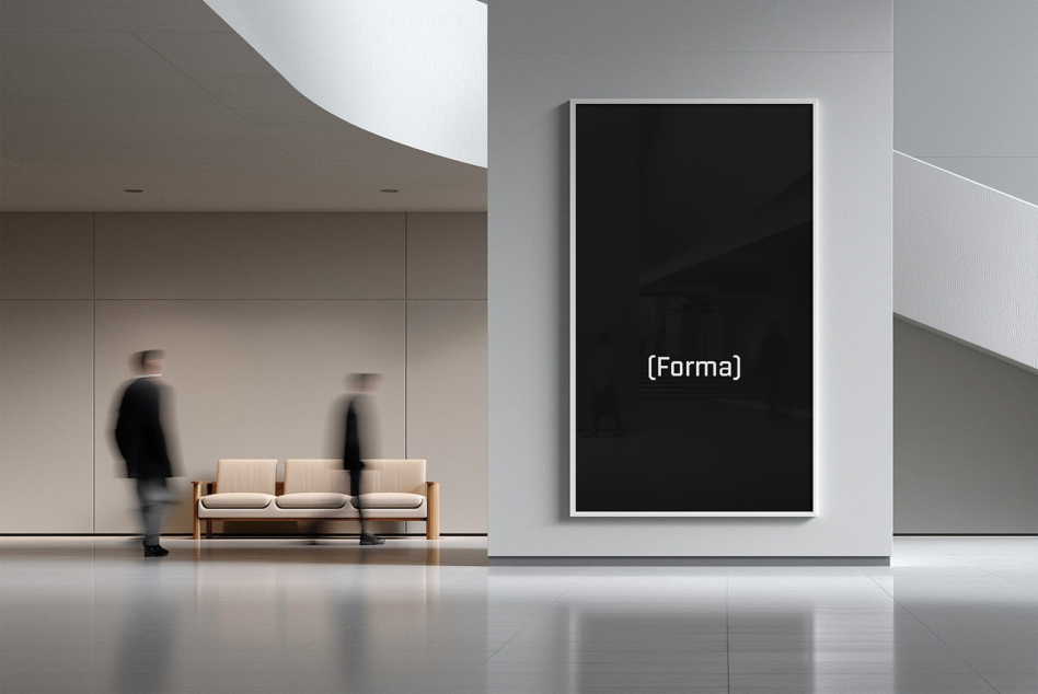 Contemporary interior with large framed black artwork display