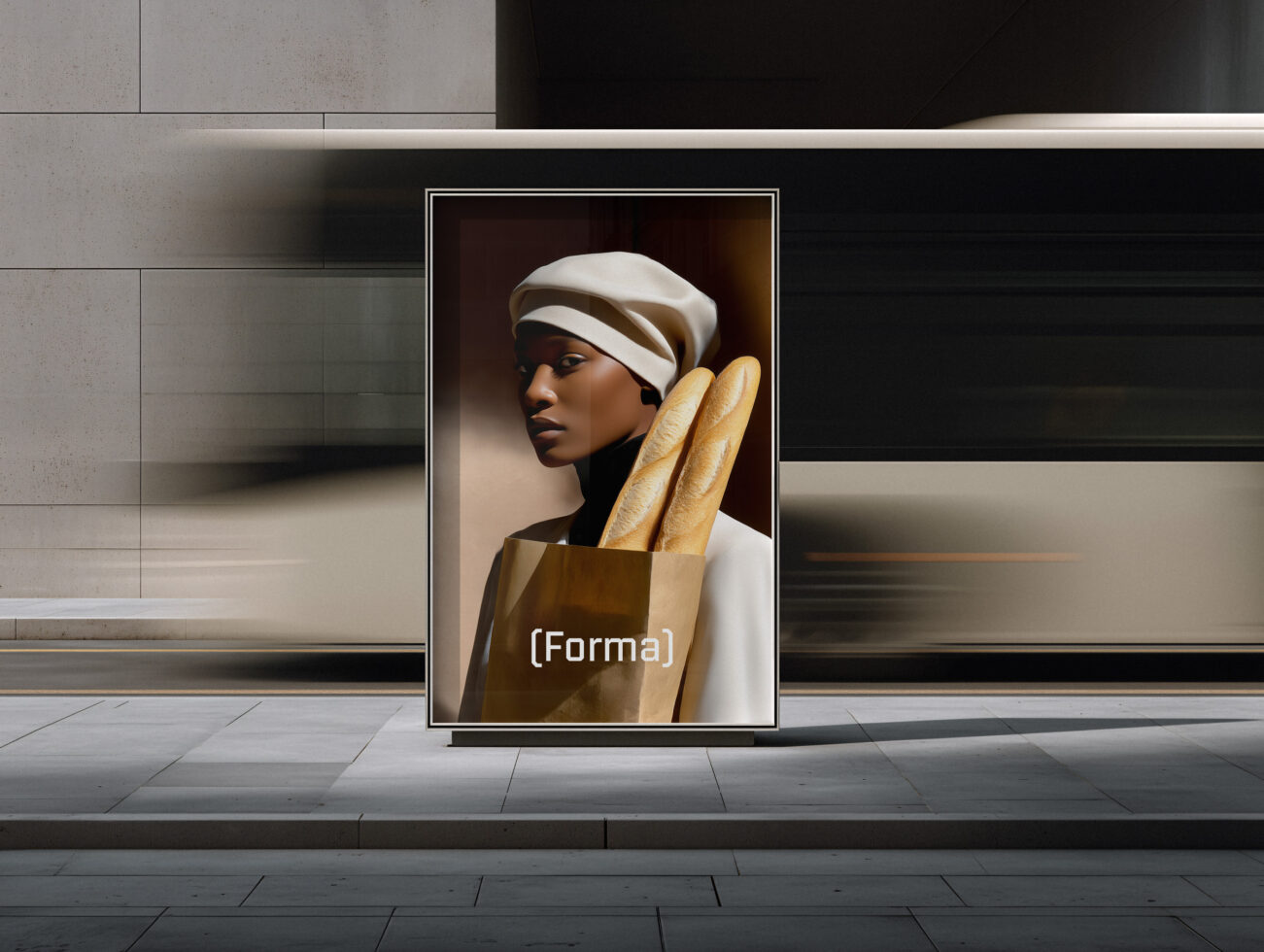 Street level portrait display of woman holding baguettes with Forma text