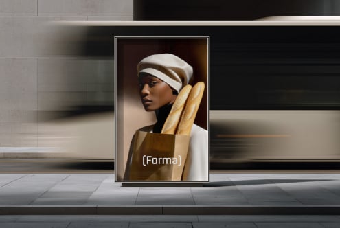 Woman holding baguettes in paper bag, portrait display in modern storefront