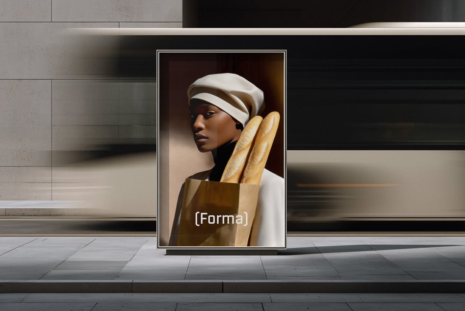Woman holding baguettes in paper bag, portrait display in modern storefront