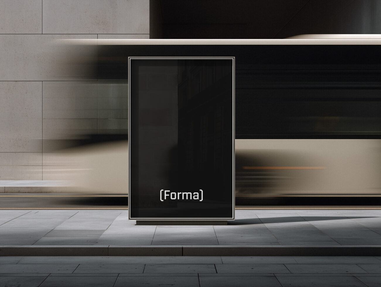 Blank portrait display stand in minimalist storefront with concrete tile floor
