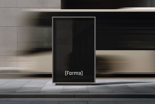 Blank portrait display stand in minimalist storefront with concrete tile floor