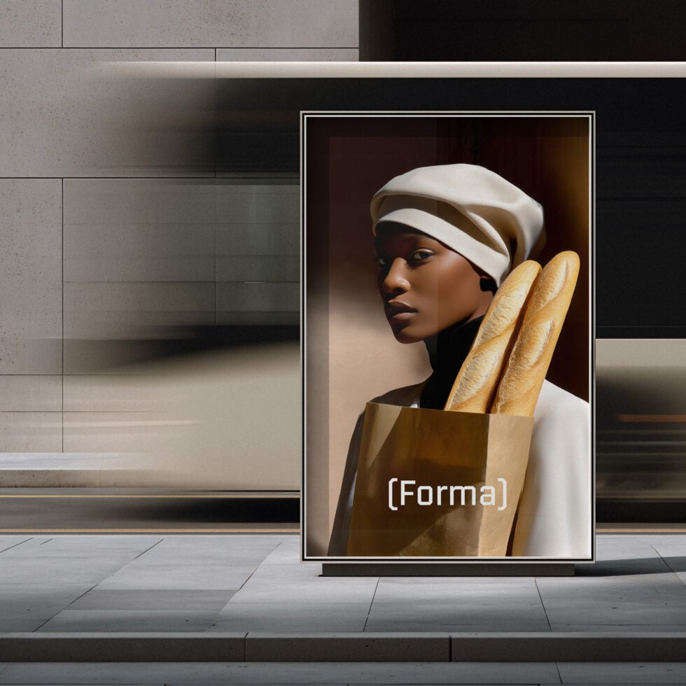 Woman holding baguettes in paper bag, portrait display in modern storefront