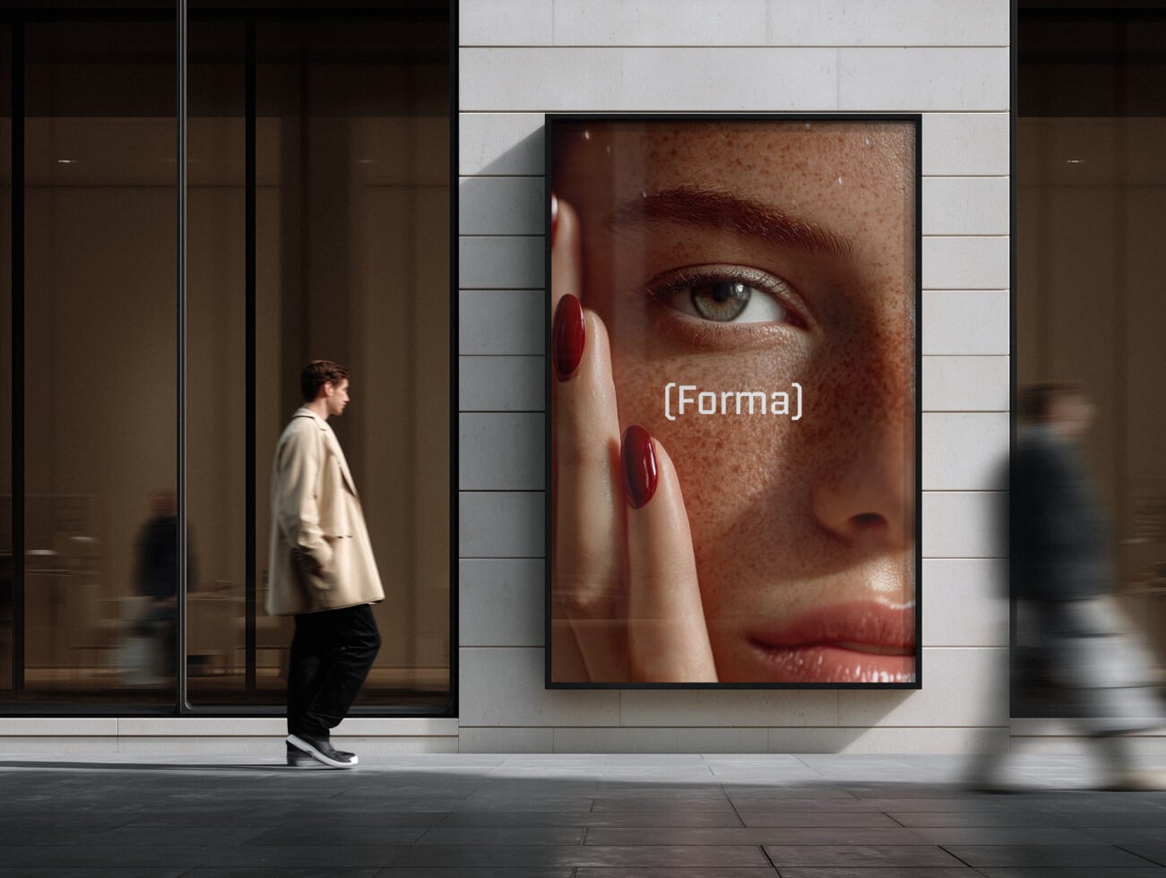 Street billboard mockup showing beauty portrait on white tiled storefront