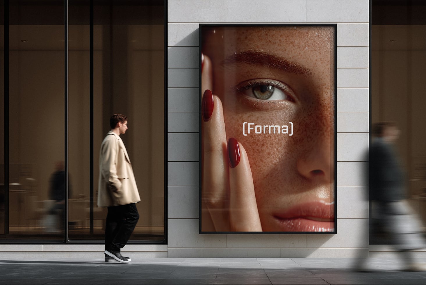 Beauty ad mockup on street display showing close-up of woman's face with red nails