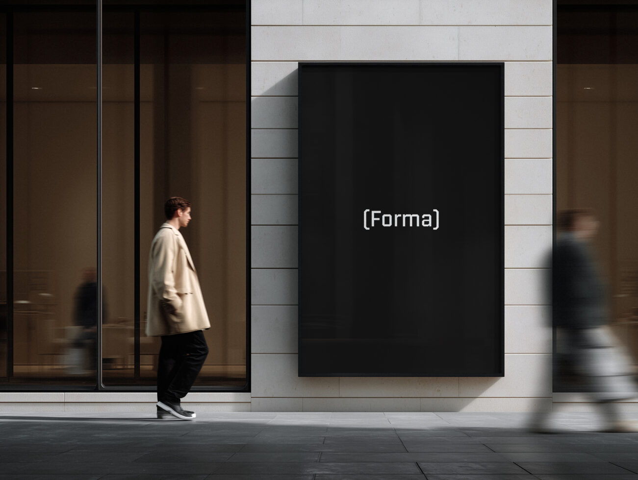 Street billboard mockup on white tiled storefront with blurred pedestrians