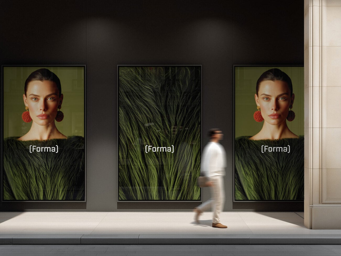 Three large framed portraits in gallery with woman walking past displays