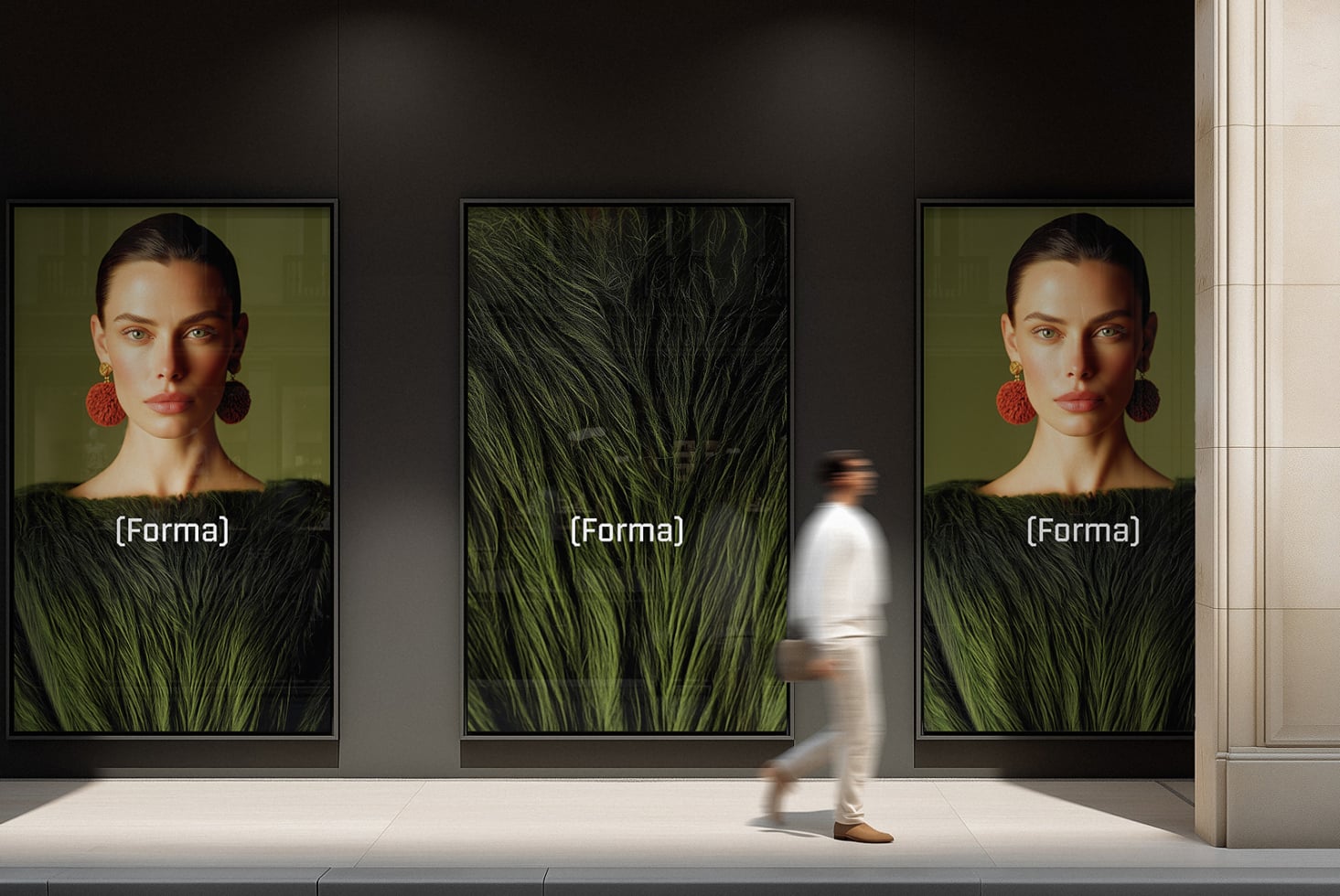 Retail display window showing three large portrait frames with figure