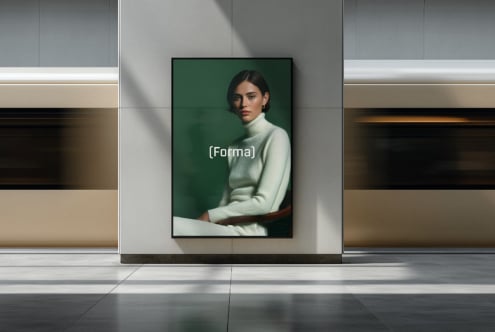 Portrait of woman in cream turtleneck on green background in black frame