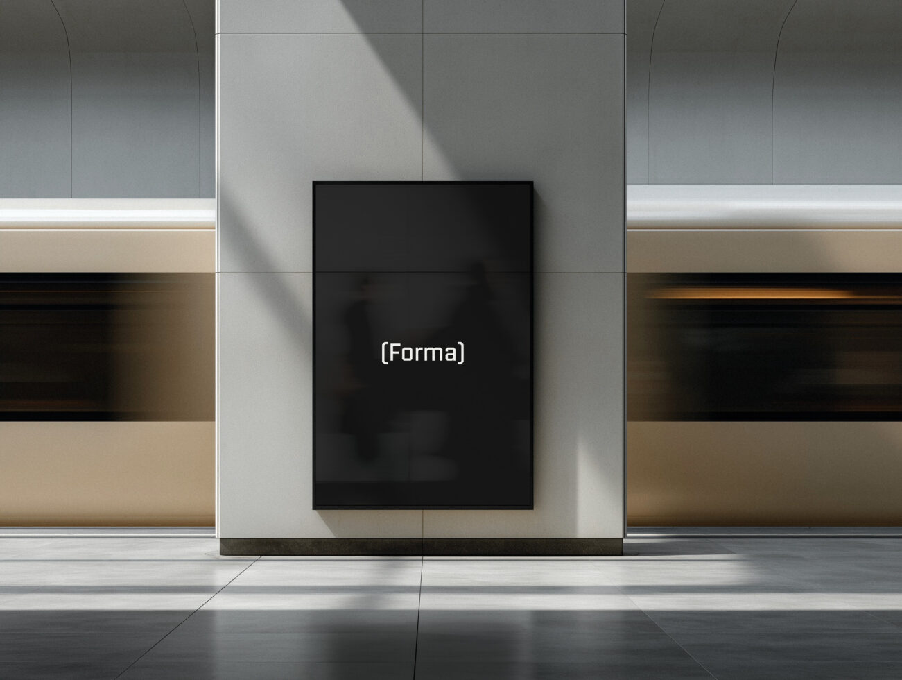 Black wall-mounted frame display in minimalist interior space with sunlight