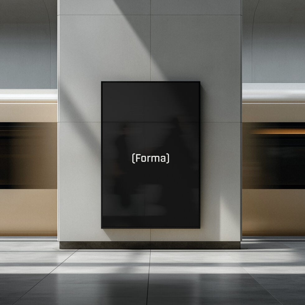 Blank black framed mockup centered on minimalist gallery wall display