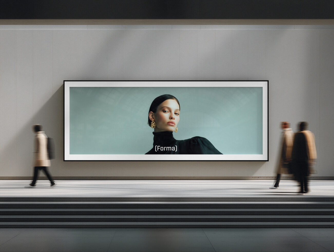 Wide horizontal gallery screen with white frame showing fashion portrait with visitors nearby