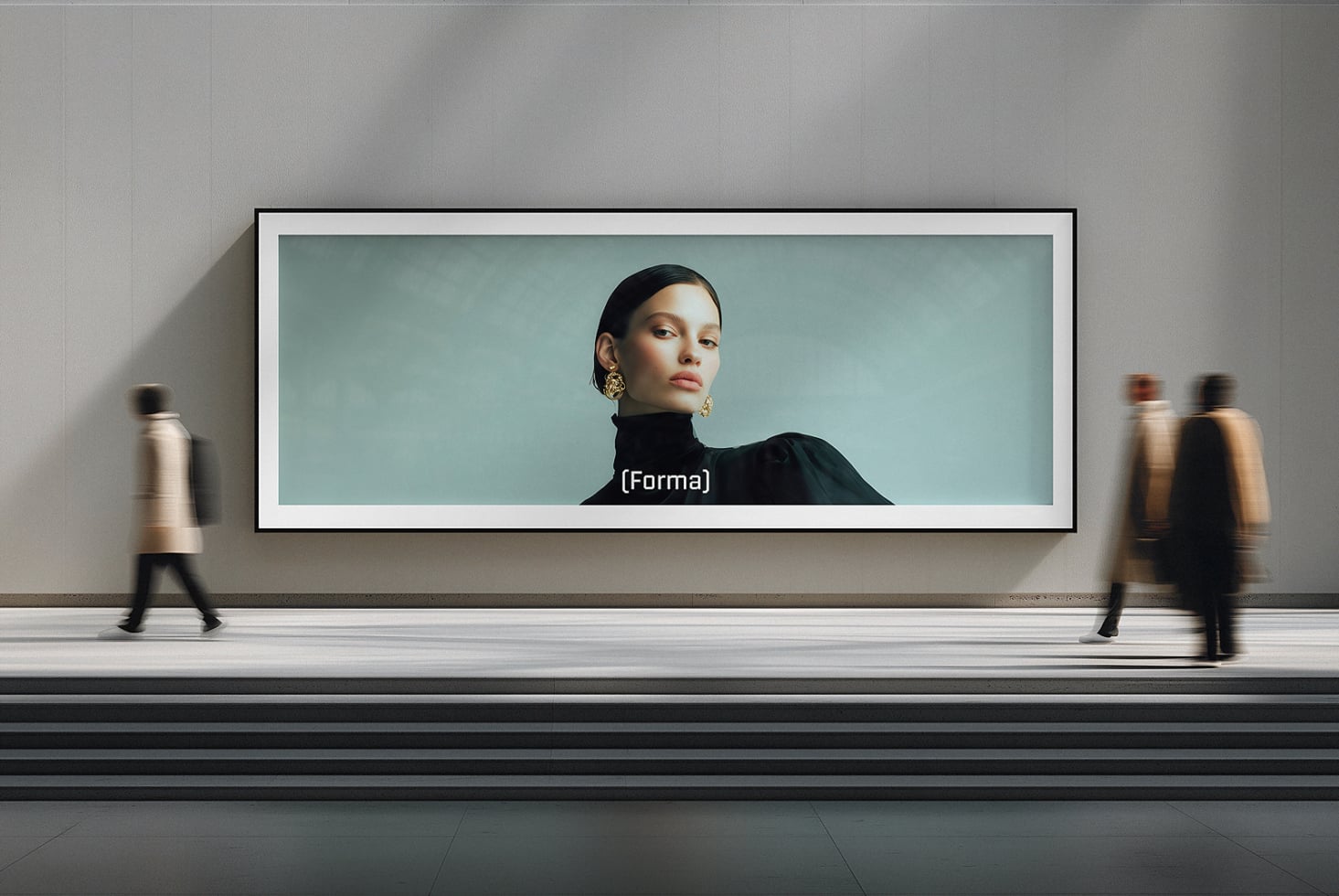 Wide horizontal frame on gallery wall showing portrait of woman in black turtleneck, visitors walking by