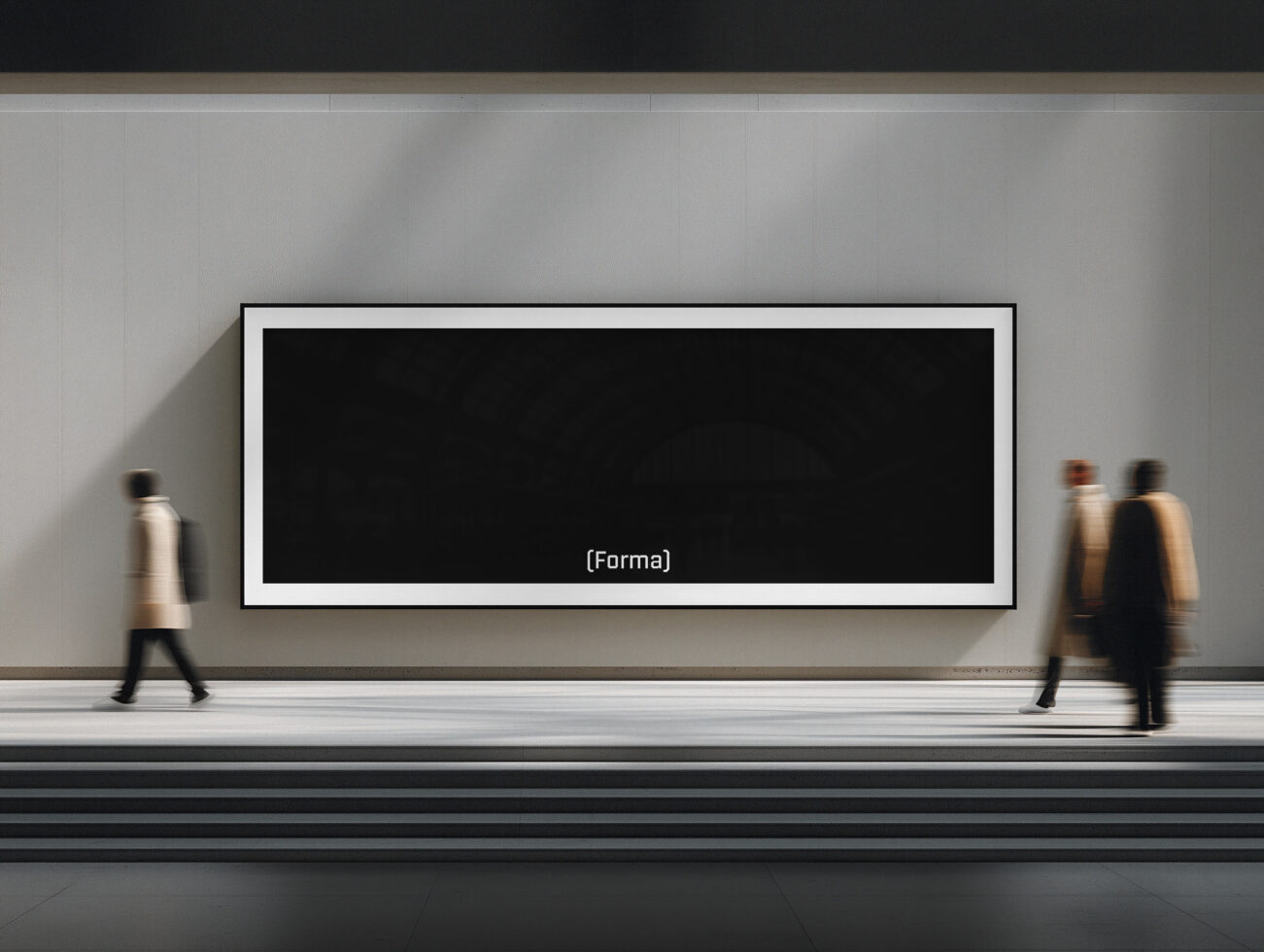 Gallery display with black frame showing blank content area with figures walking past