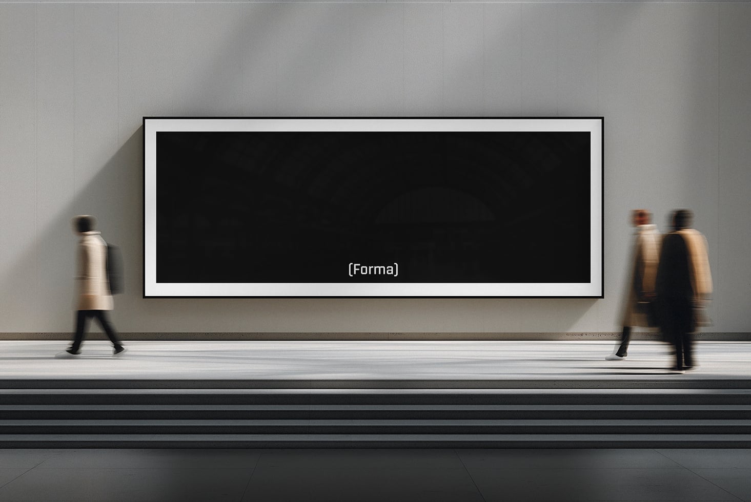 Wide horizontal frame mockup on gallery wall with people walking past, black interior space