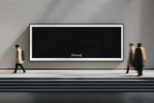 Wide horizontal frame mockup on gallery wall with people walking past, black interior space
