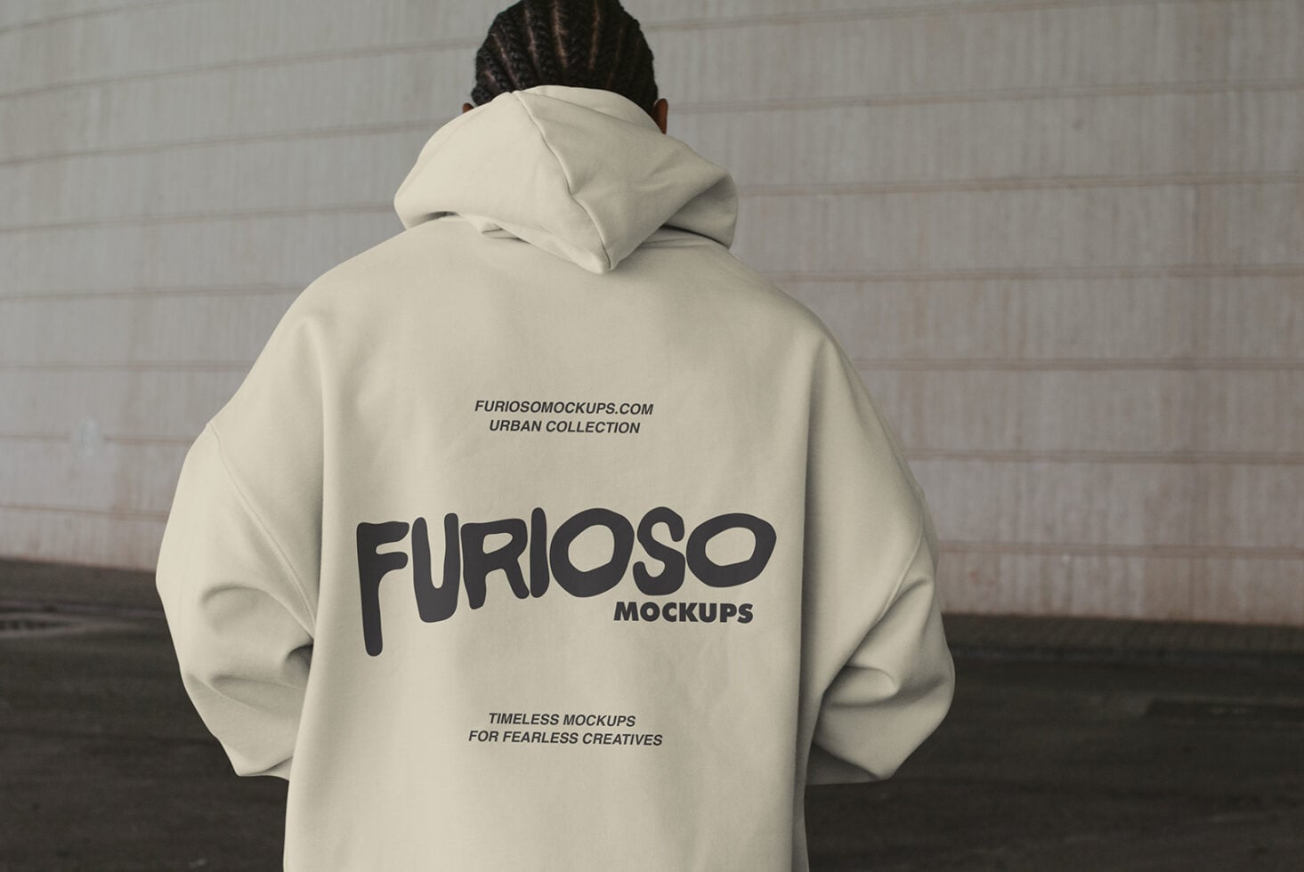 Cream hoodie back view with FURIOSO text printed large on center chest