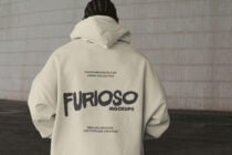 Cream hoodie back view with FURIOSO text printed large on center chest