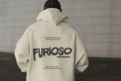 Cream hoodie back view with FURIOSO text printed large on center chest