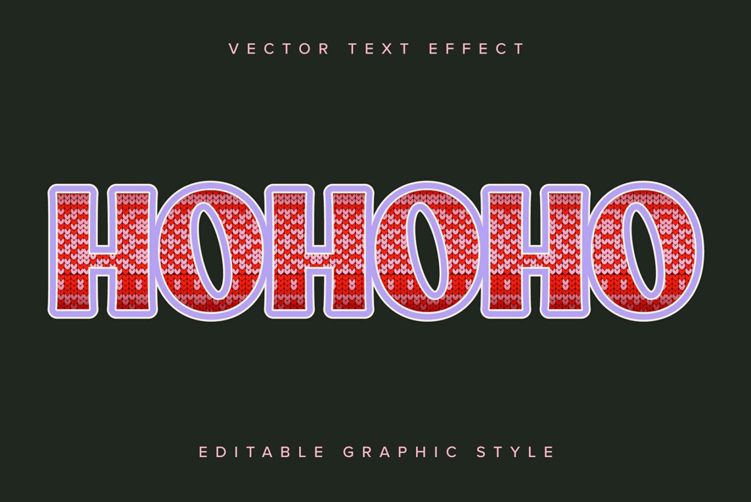 Ho ho ho text effect with red knit fill, purple stroke, editable style
