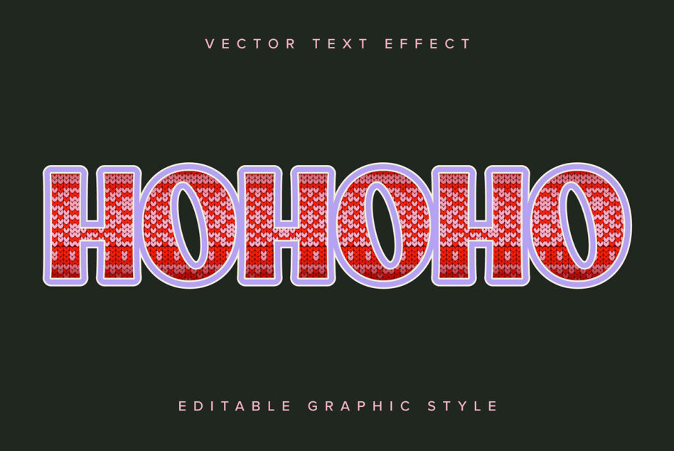 Ho ho ho text effect with red knit fill, purple stroke, editable style