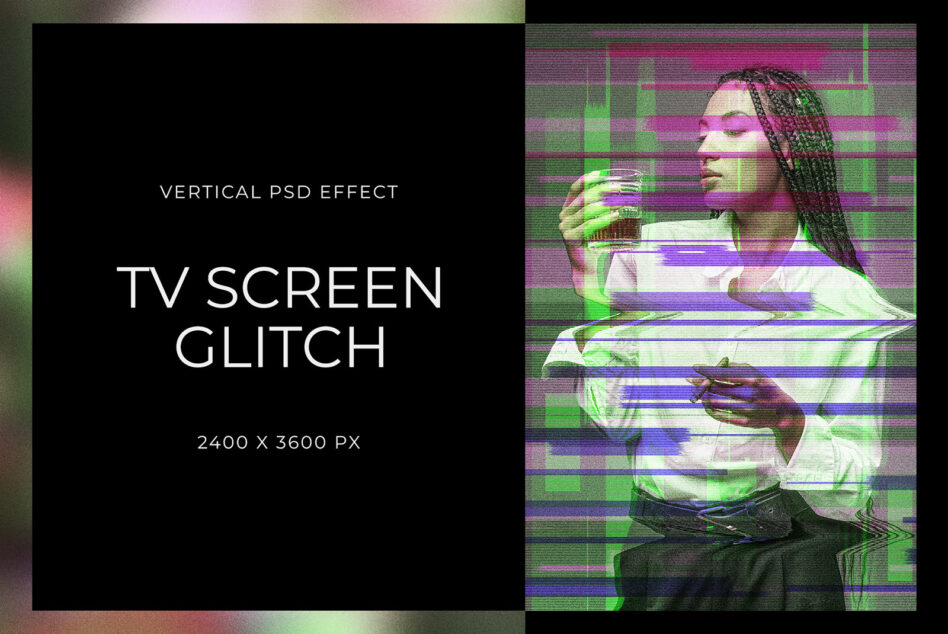 TV glitch effect mockup with scanlines, green magenta distortion overlay