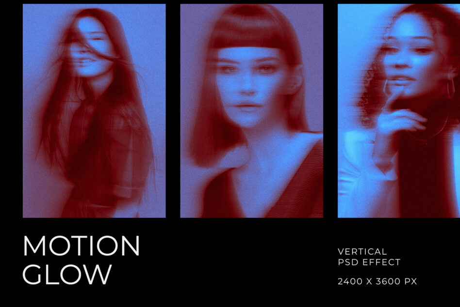 Motion glow effect on three portrait variations with red blue gradient overlay