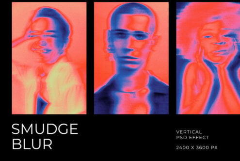 Vertical smudge blur effect mockup with neon thermal style three portrait variations