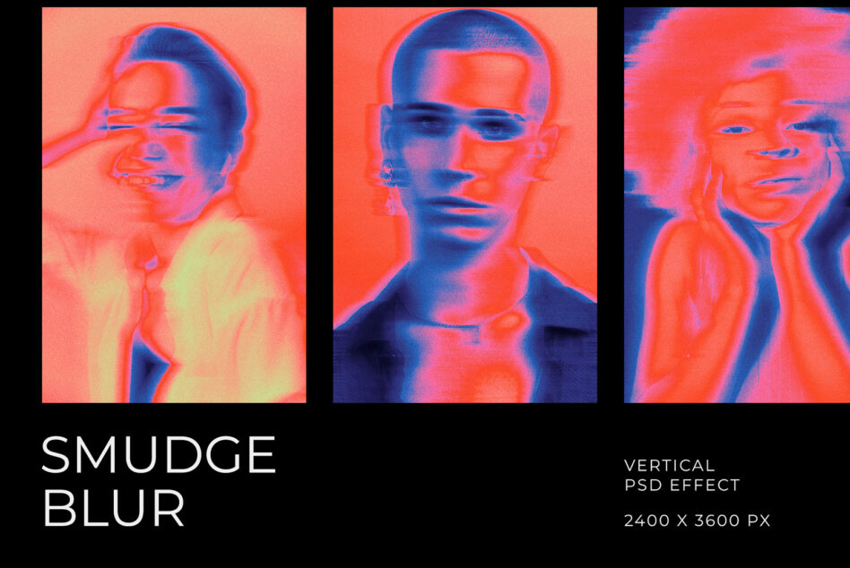 Vertical smudge blur effect mockup with neon thermal style three portrait variations