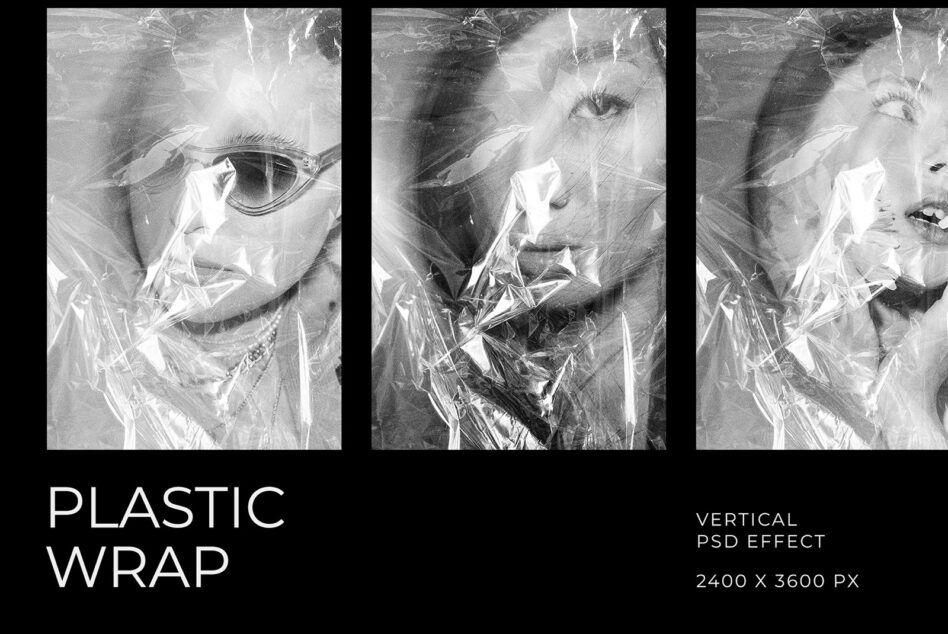 Three-frame sequence of wrapped face with plastic overlay mockup