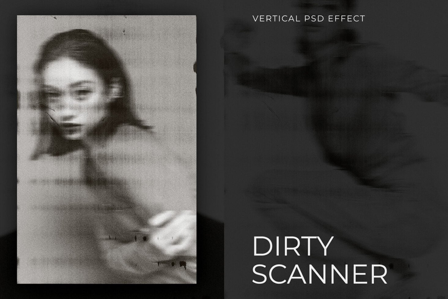 Vertical scan effect overlay on blurry portrait with dark distorted right side