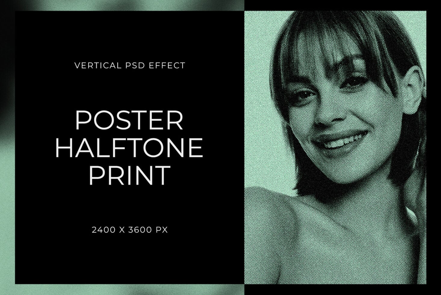 Vertical PSD poster mockup with halftone portrait on mint background