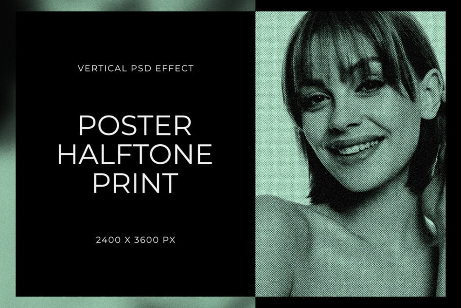 Vertical PSD poster mockup with halftone portrait on mint background