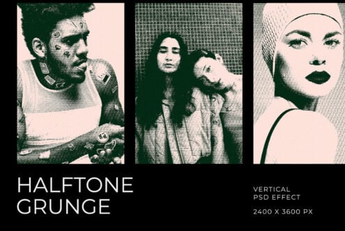 Halftone grunge effect with three portrait variations in forest green on blush pink background