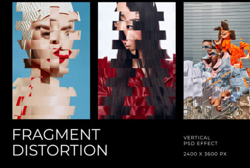 Fragment Distortion vertical PSD effect with three photo examples showing pixelated glitch overlays