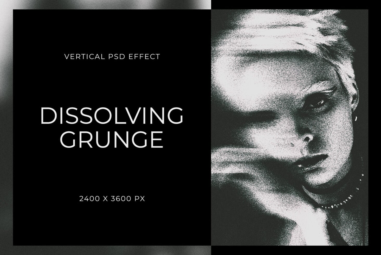 Vertical PSD effect mockup labeled dissolving grunge with gritty texture portrait