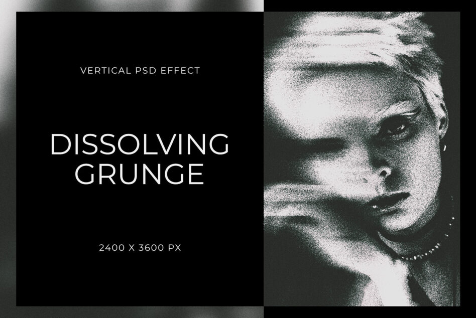 Vertical PSD effect mockup labeled dissolving grunge with gritty texture portrait