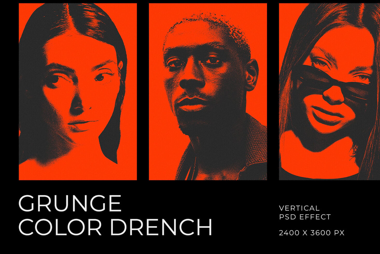 Three high-contrast portrait heads in orange with black grain texture effect mockup