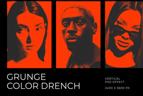 Three high-contrast portrait heads in orange with black grain texture effect mockup