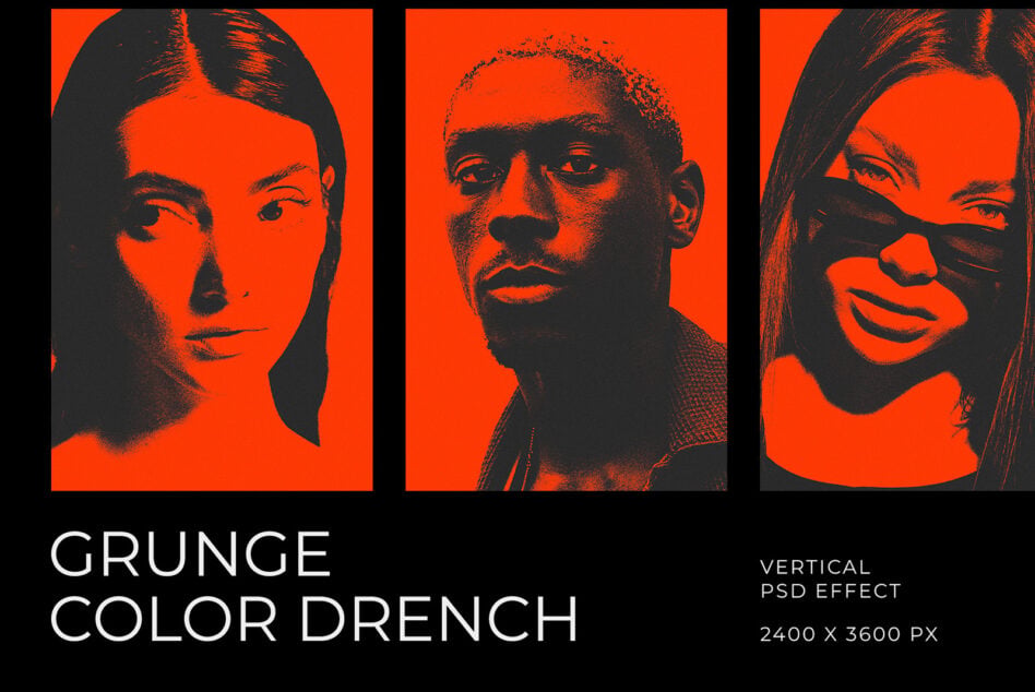 Three high-contrast portrait heads in orange with black grain texture effect mockup