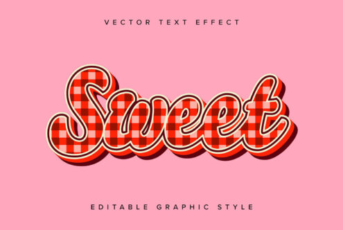 Soft cursive SWEET in red gingham pattern with 3D depth on pink background