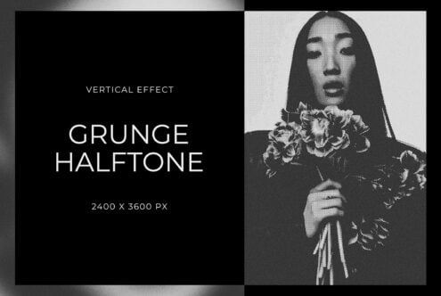 Vertical halftone effect mockup with woman holding flowers, black layout