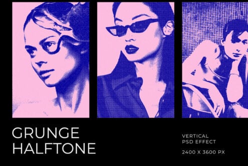 Three halftone portraits showcasing grunge halftone effect, pink backgrounds with blue pixelated faces