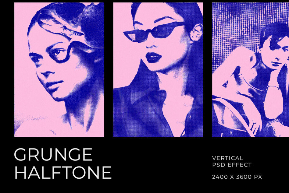 Three halftone portraits showcasing grunge halftone effect, pink backgrounds with blue pixelated faces