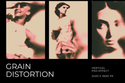Grain distortion vertical PSD effect three cropped portraits with pixelated texture