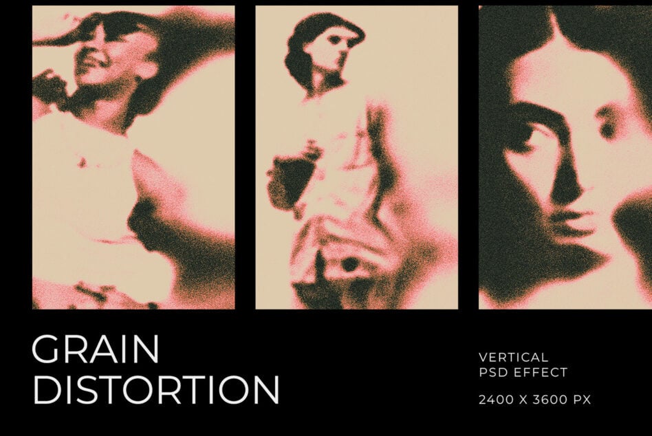 Grain distortion vertical PSD effect three cropped portraits with pixelated texture