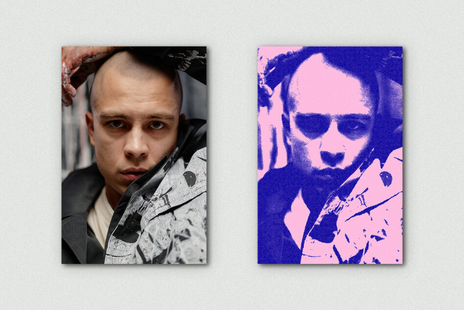 One grayscale halftone portrait, one pink halftone portrait showing side-by-side comparison