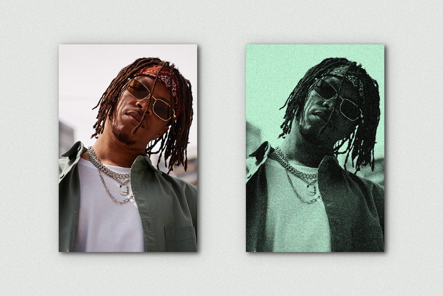Original photo with halftone mint color effect version side by side