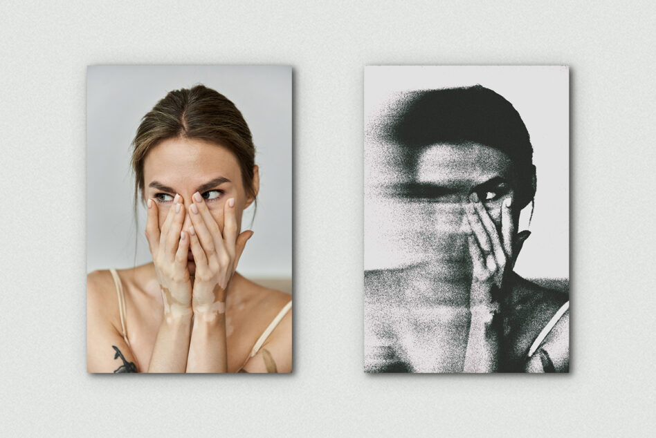 Woman covering face with hands next to grainy dissolving silhouette effect