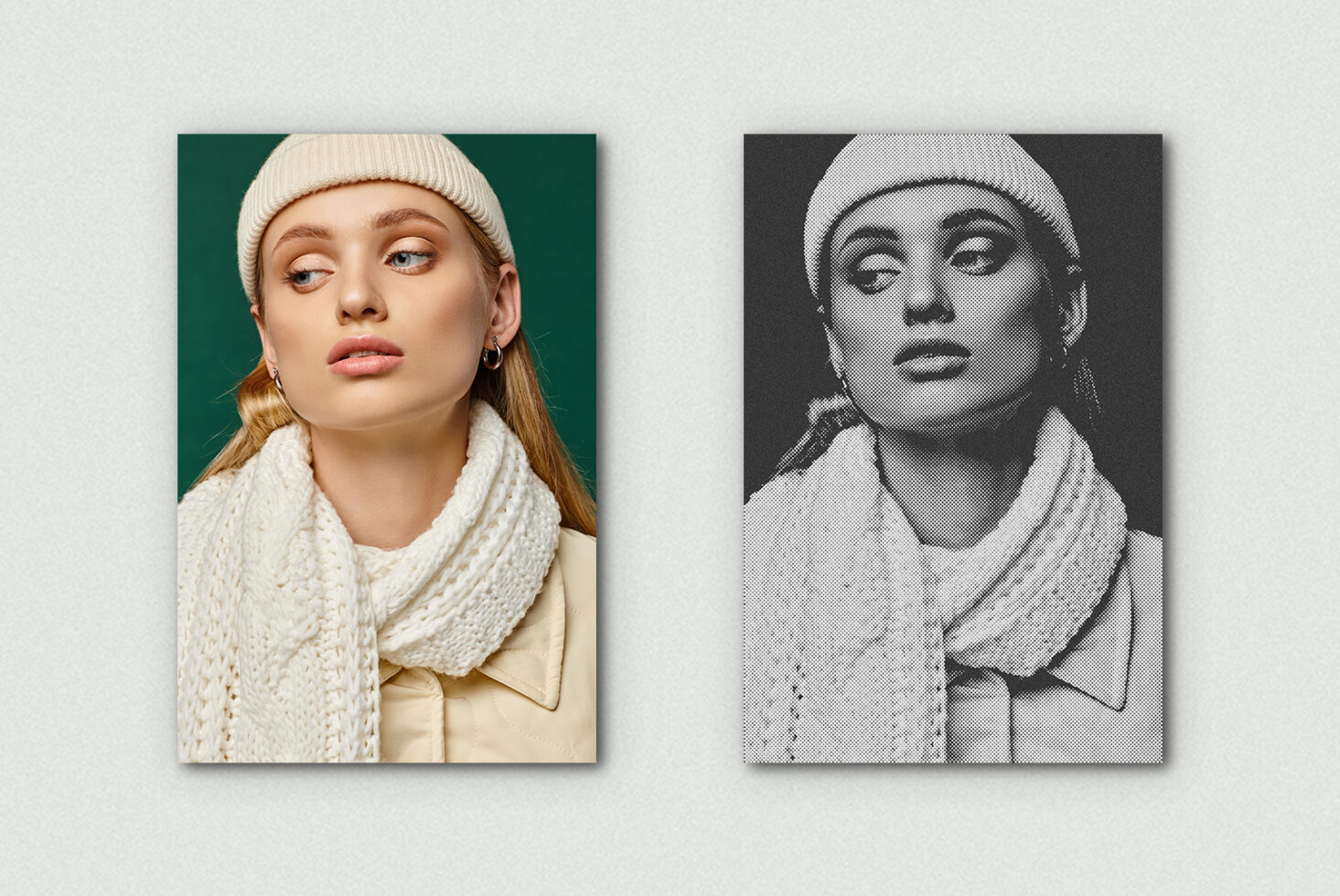 Woman wearing cream beanie, knit scarf, colored to halftone conversion